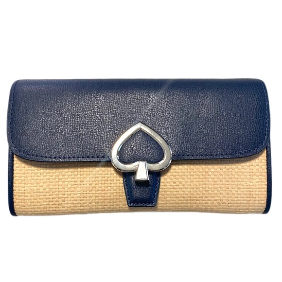 NEW* Kate Spade Robyn Straw HandBag Nightcap Flap Chain Wallet Clutch Navy Logo - Picture 4 of 15